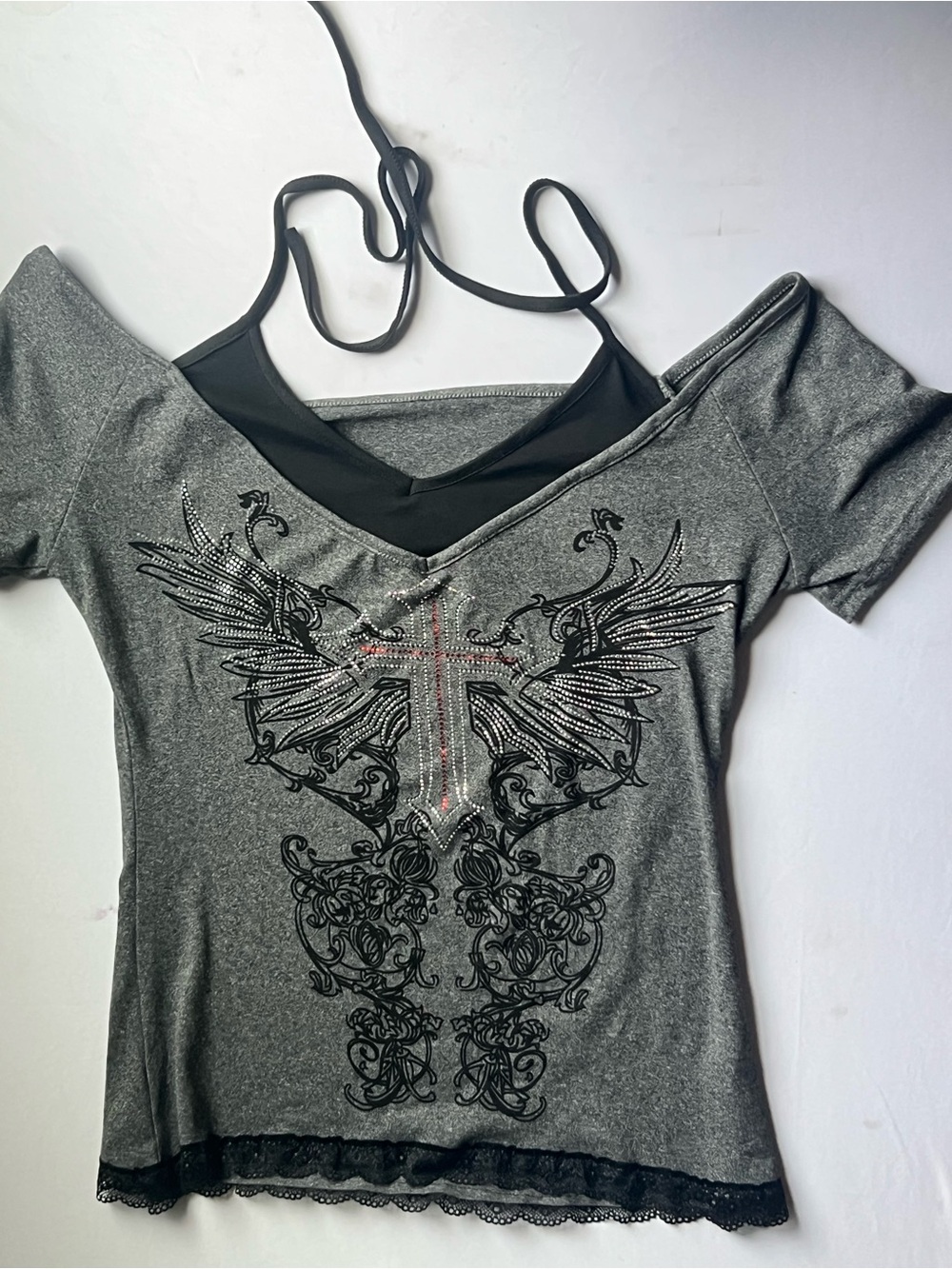 Gray Graphic V-Neck Cross & Wings Top